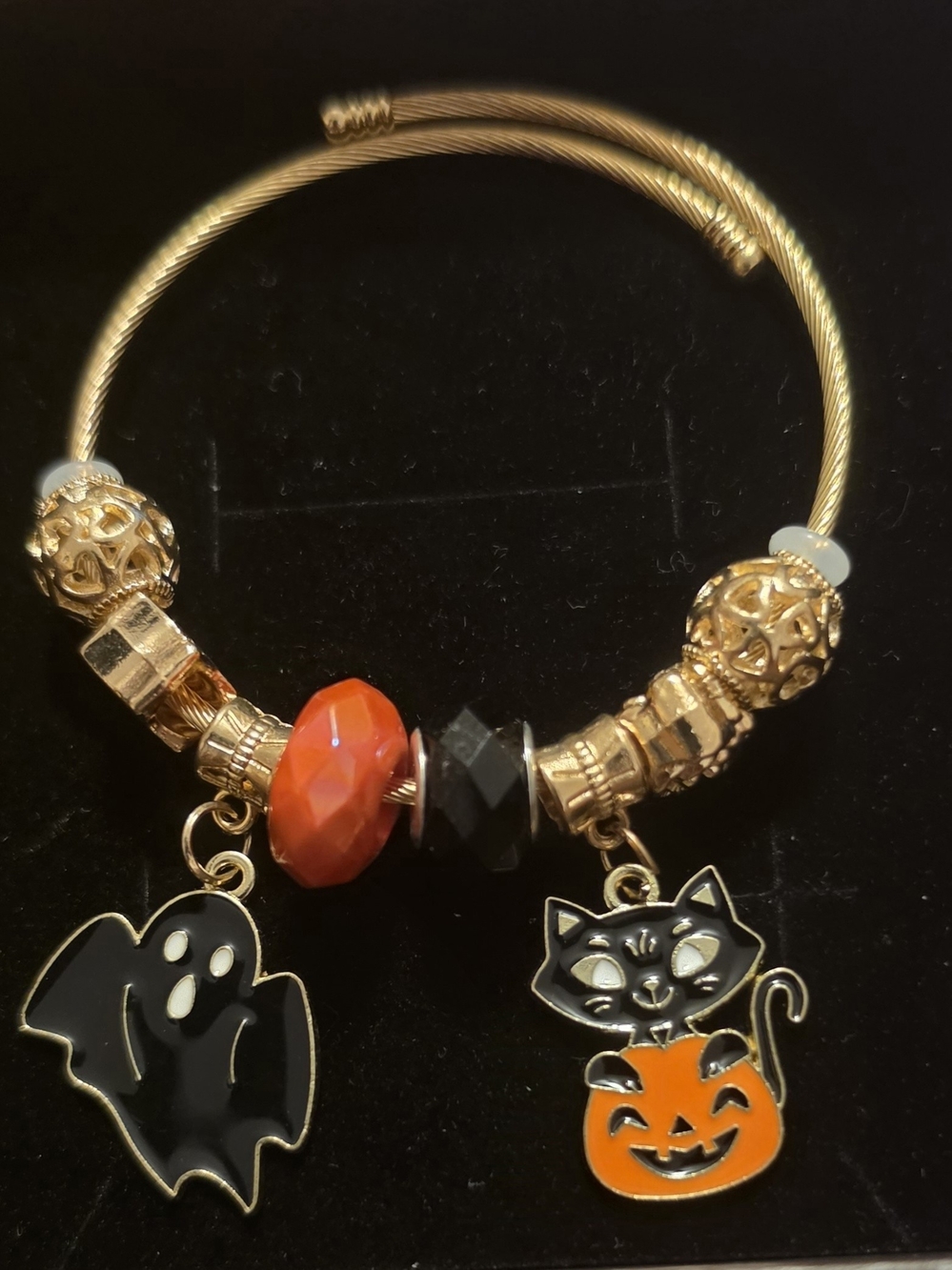 Halloween Cat & Ghost Charm Bracelet - Gold with Orange and Black Accents